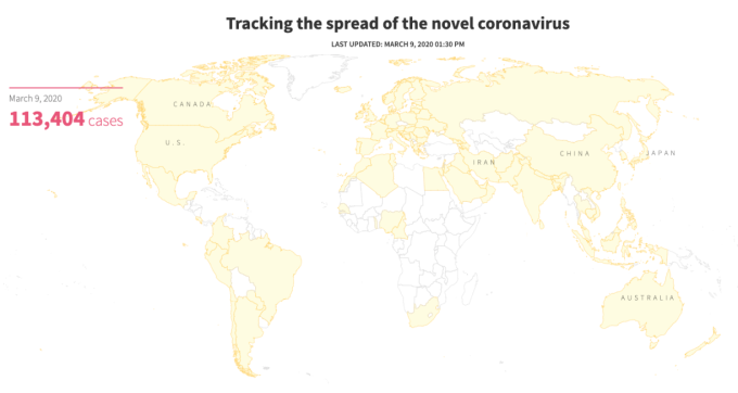 Mapa de países que reportan infecciones del COVID-19, al 9 de marzo de 2020